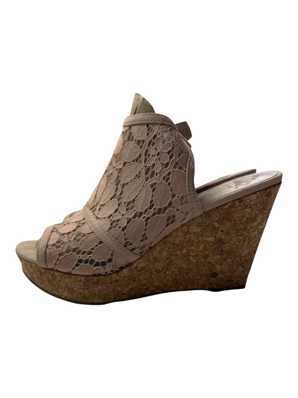 Y2K Fergie Taupe Lace Cork Wedge Sandals